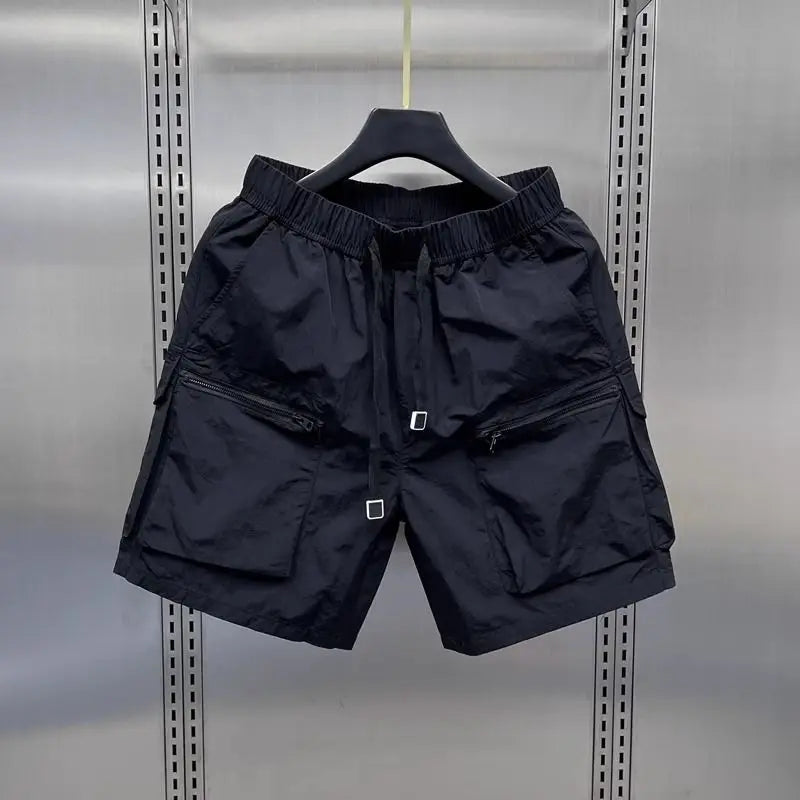 Men's Retro Multi Pocket Cargo Shorts Summer Thin Loose Straight Casual Outerwear Capris Solid Color Drawstring Short Pants