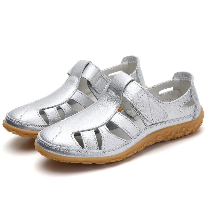 Women's Leather Sandals Casual Summer Closed Toe Beach Sandals Flat Comfortable Sneakers
