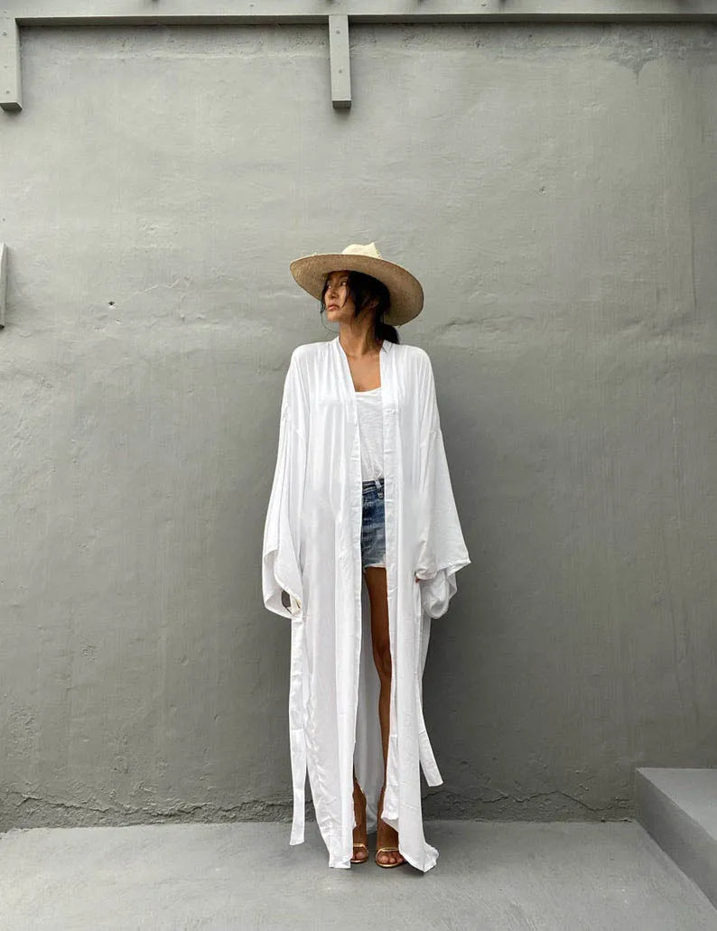 Solid Beach Cover Up Women Self Belted Wrap Kimono Dress Swimsuit 2025 New Robe Summer Beachwear Factory Supply