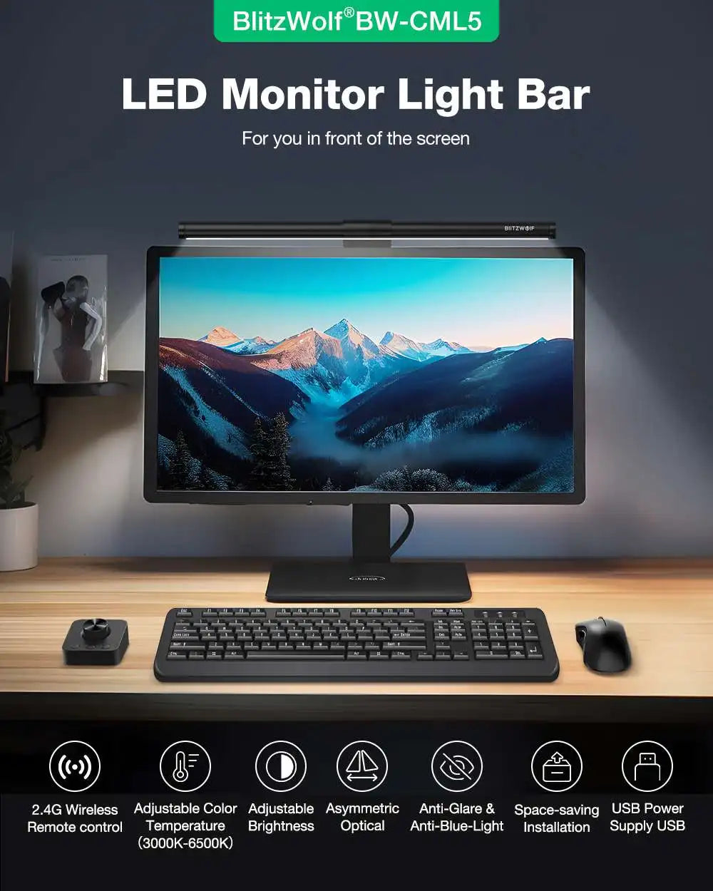 BlitzWolf BW-CML5 Monitor Light Bar Touch / Wireless Remote Dual Control Eye Protection Anti-Glare 300-1000Lux USB Reading Light