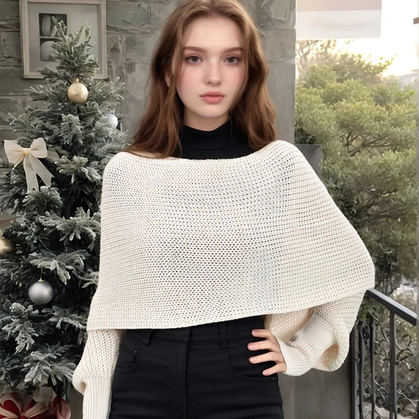 Thick Knitted Shawl Scarf With Sleeves Soft Warm Knitwear Cardigan Cloak Wrap Shoulder Neck Protect Pashmina Scarves Dual Use