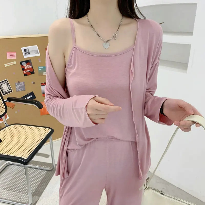 Fdfklak New Arrivals 3PCS Sleepwear Pajamas Set Lingerie Pyjamas Spring Summer Modal Soft And Comfortable Homewear