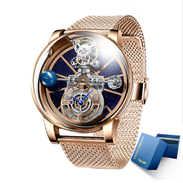 PINDU Design Watches Man Starry Sky Watch For Men Quartz Wristwatches Clock Earth Theme Design Man Watch Celestial Body Series
