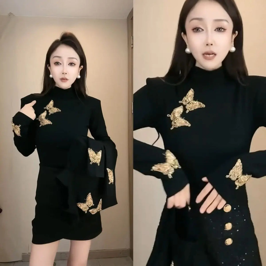 Autumn Winter Half High Collar Long Sleeve Fashion T-Shirts Women High Street Casual Embroidered Patchwork All-match Pullovers