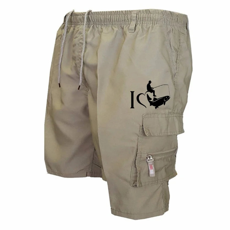 Trendy Mens Bib Shorts Casual Loose Shorts Funny I Love Fishing Printed Drawstring Pocket Shorts Summer Mens Shorts