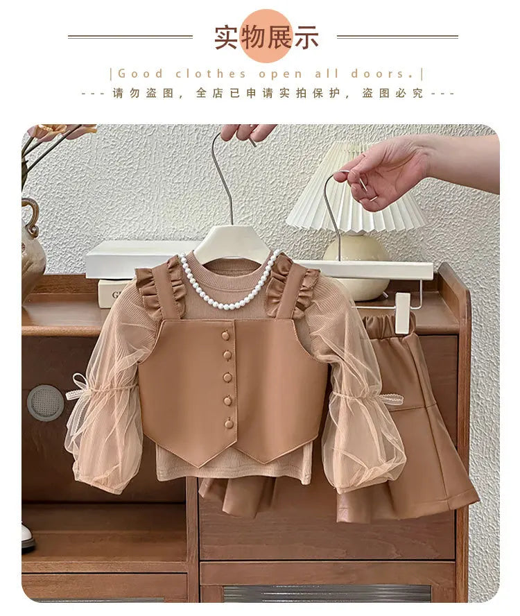 New Girls' Autumn Western Style Little Girls' Leather Two-Piece Suit Fashionable Children's Bottoming Shirt Trendy