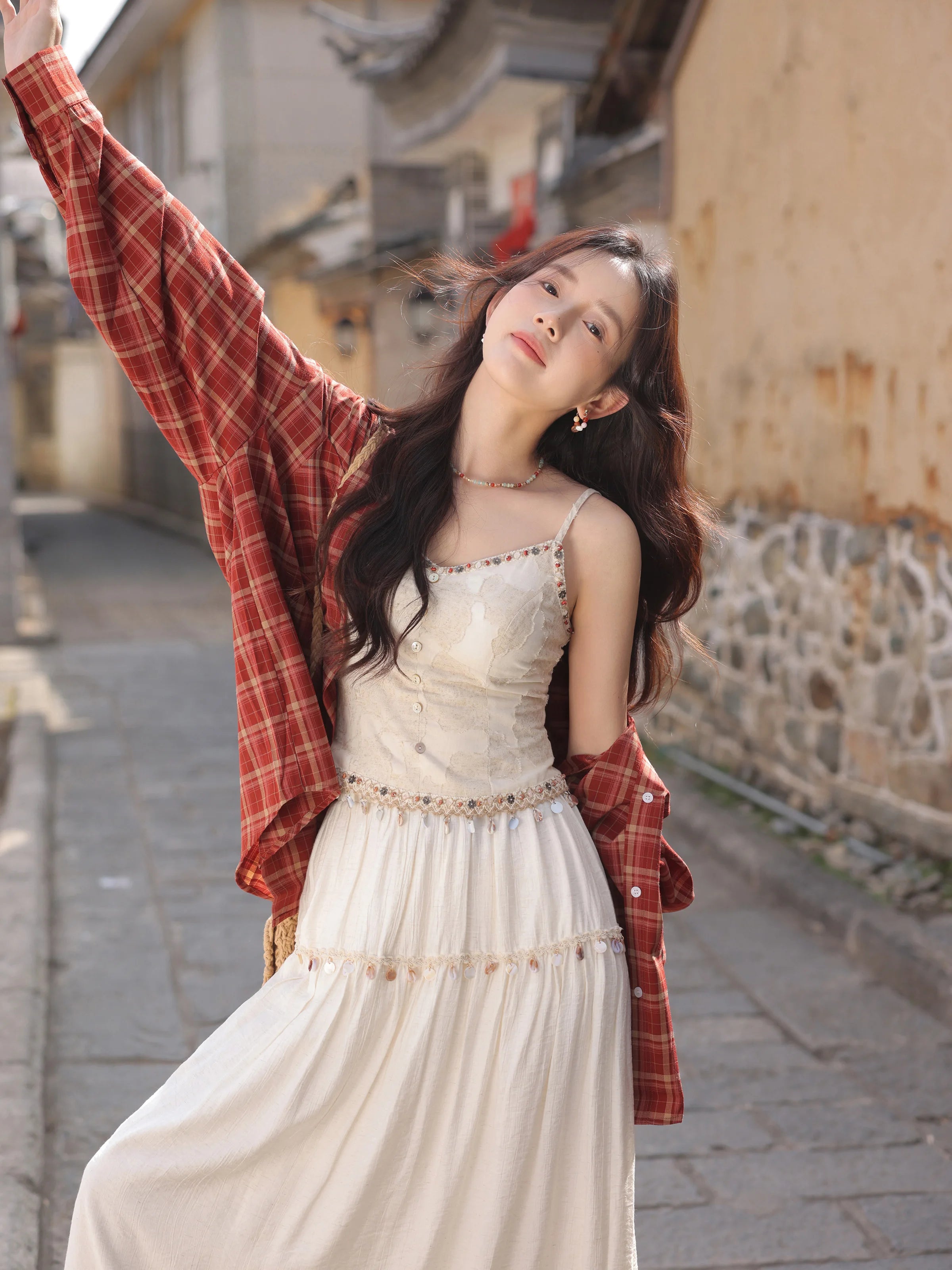 White Lace Three-Piece Set Spring Summer Slim Fit V-Neck Lace Cami Top High-Waisted A-Line Maxi Skirt Chic Red Fashion Shirt