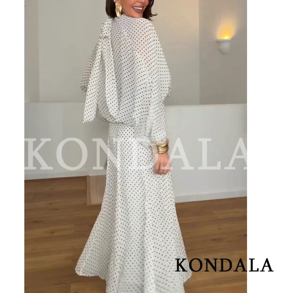 KONDALA Elegant Polka Dot Skirt Set Women's Summer Holidays Beach Casual Set Bow Collar Shirt, Midi Skirt 2026 Trendy Skirt Set