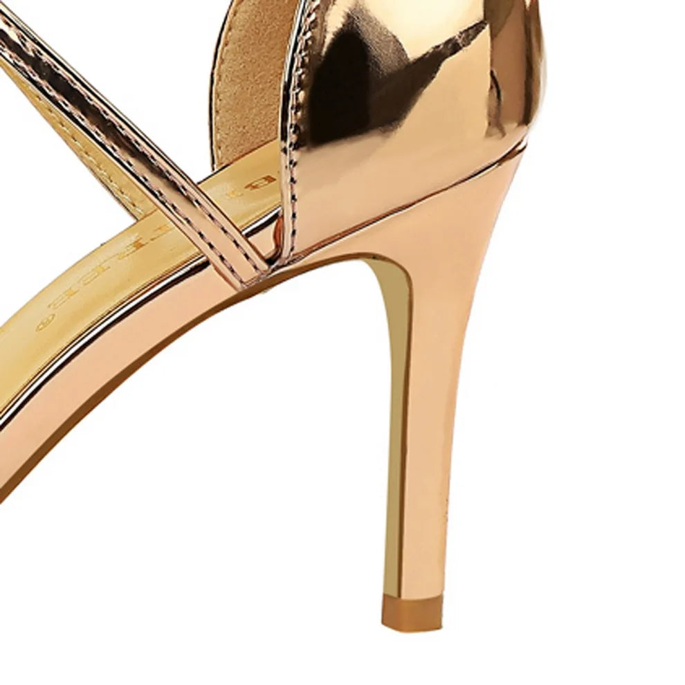Women Fetish 8cm 11cm High Heels Summer Mid Low Heels Champagne Gold Sandals Roman Pumps Lady Gladiators Stiletto Stripper Shoes