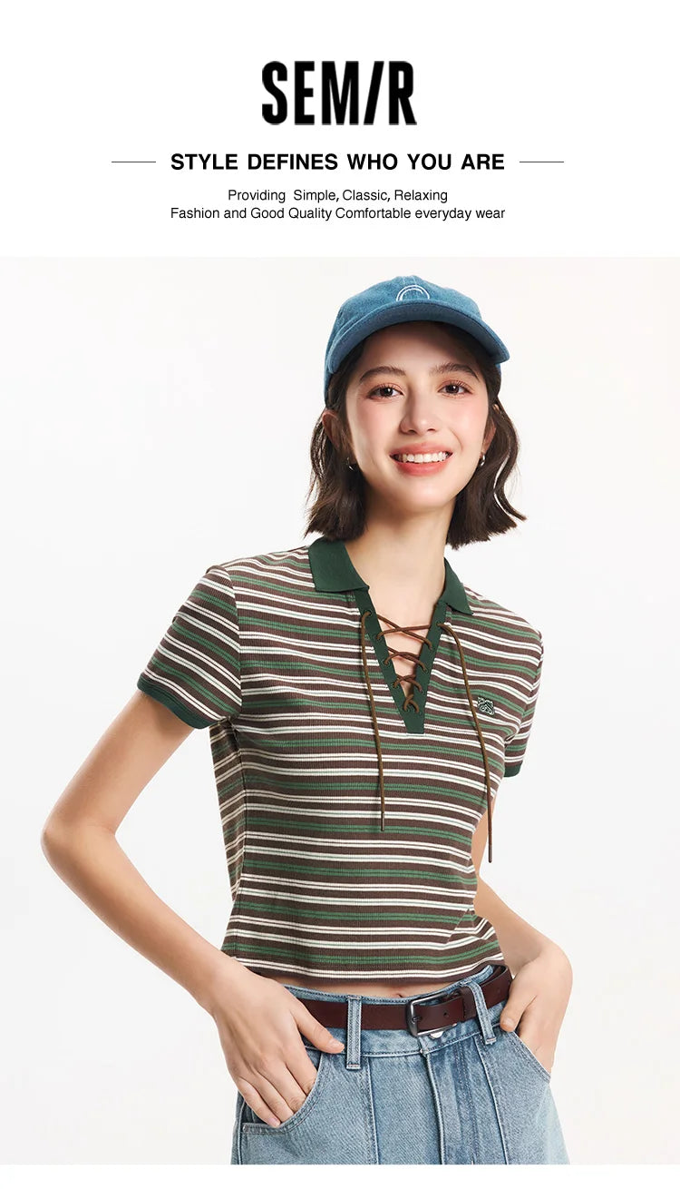 Semir Polo Shirt Women Cropped Slim Fit Tie Detail 2025 New Summer Cool Feeling Striped Top Retro for Trendy and Casual Looks
