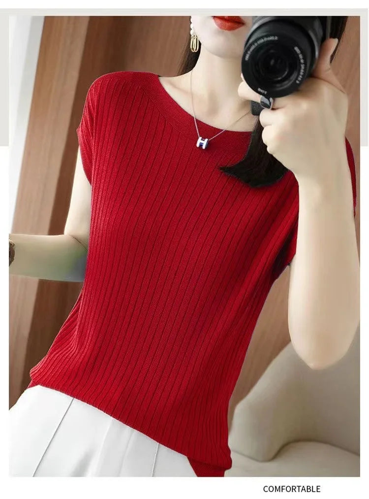 Spring Summer T-shirt Women Short Sleeves Slim Striped Innerwear Slash Neck Fashion Korean Loose Knitted T-shirt Sweater 2026
