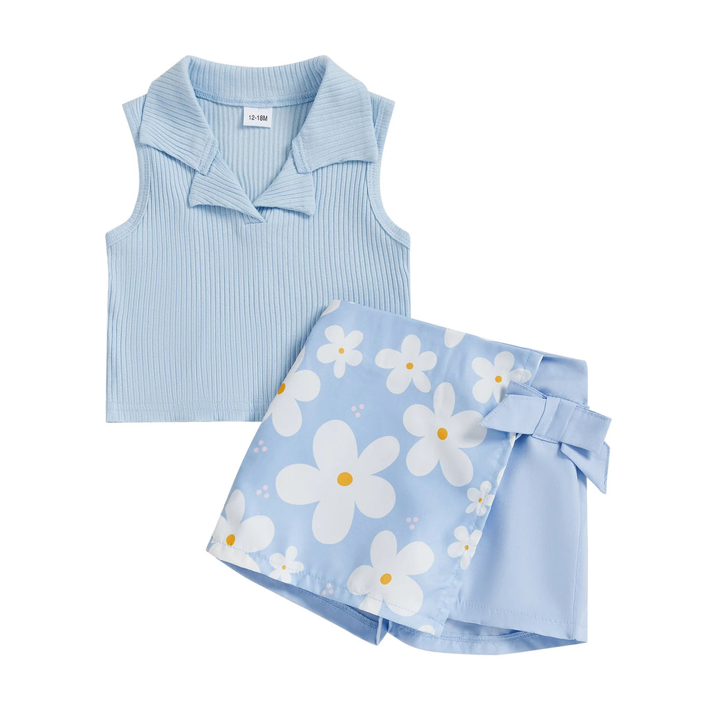 Adorable Baby Girls Summer Outfits Sleeveless Ribbed Tank Tops with Elastic Butterfly Flower Print Skirt Shorts Set - Trendy