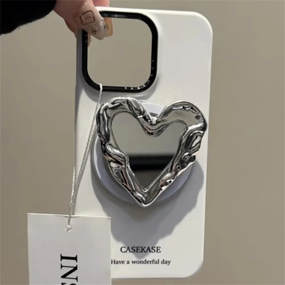 Pleated Silver Love Heart Mirror Magnetic Holder Griptok Phone Stand Holder Support For IPhone 17 16 For Pad Magsafe Smart Tok