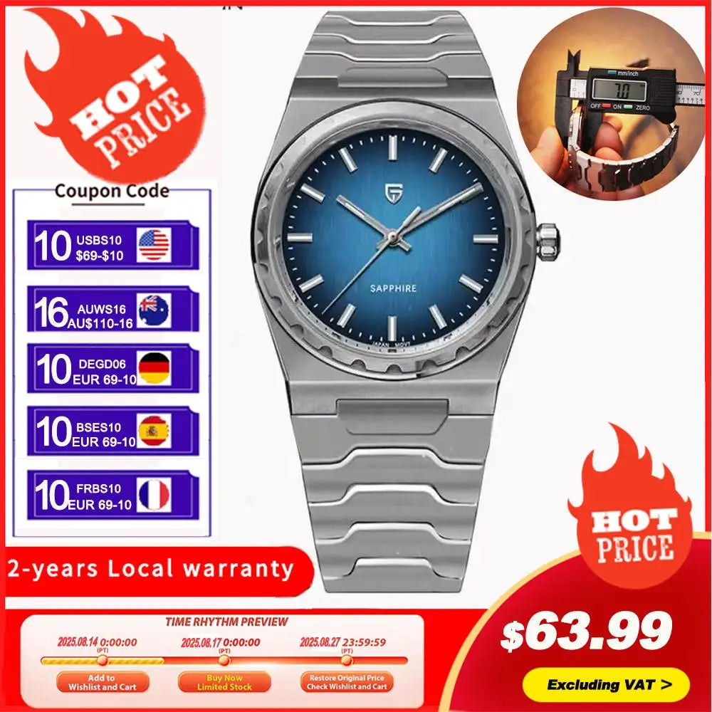 2025 V2 PAGANI DESIGN 222 men's Quartz Watch VJ21 37MM Sapphire Stainless steel Waterproof luminous Watches for men PDYS020