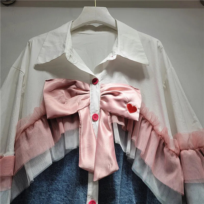 WTHT Fashion Women's Spliced Bows Mesh Edge Denim Jacket 2025 Spring Trendy Lapel Long Sleeves Loose Coat Female 1LS951