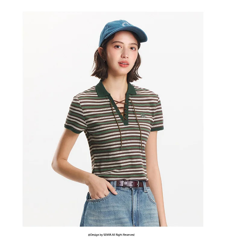Semir Polo Shirt Women Cropped Slim Fit Tie Detail 2025 New Summer Cool Feeling Striped Top Retro for Trendy and Casual Looks