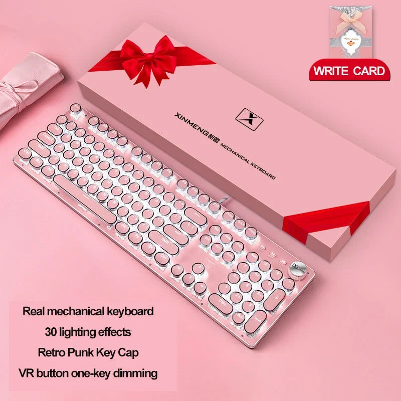 Girl Pink Real Mechanical Keyboard Green Axis Punk Retro Round Key Chocolate Lipstick Office Typing Game Keyboard