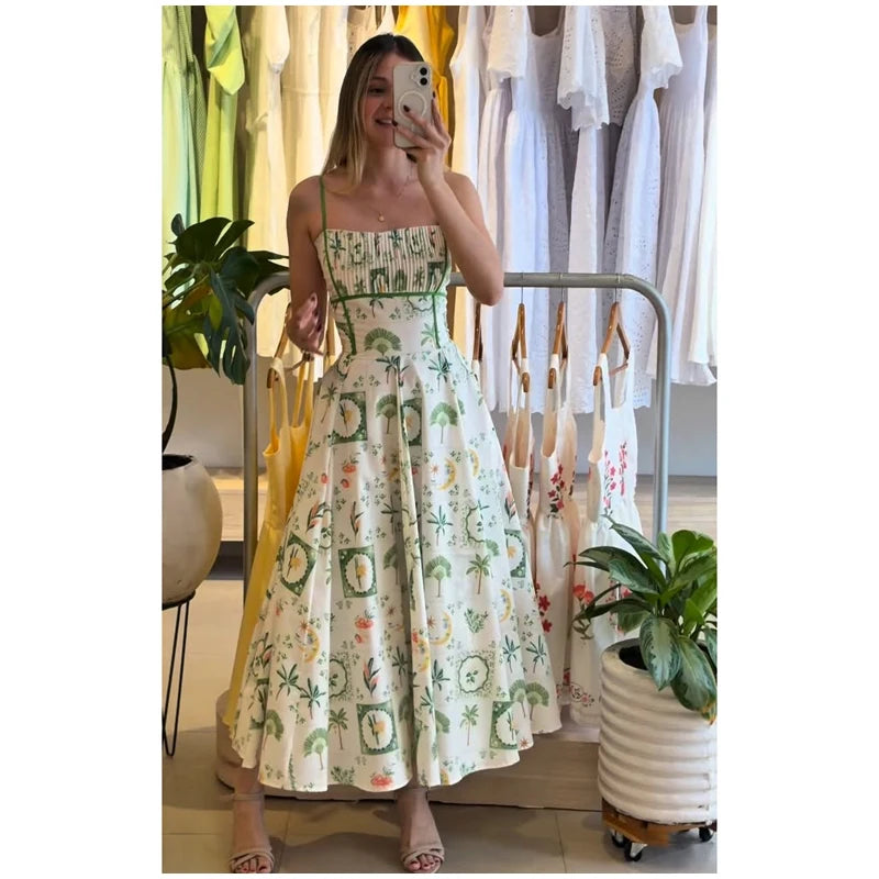 Women's Printed Sleeveless Halter Dress Waist-Closed A-Line Lady Elegant Dresses 2026 Spring Summer Fashion Female Vacation Robe