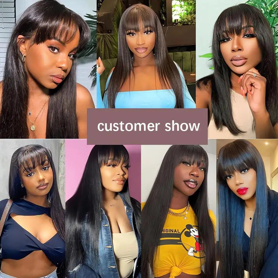 Black Bone Straight Human Hair Wig With Bangs 30 Inch Brazilian 3x1 Lace Wigs Glueless Wig Human Hair Natural Colored For Women