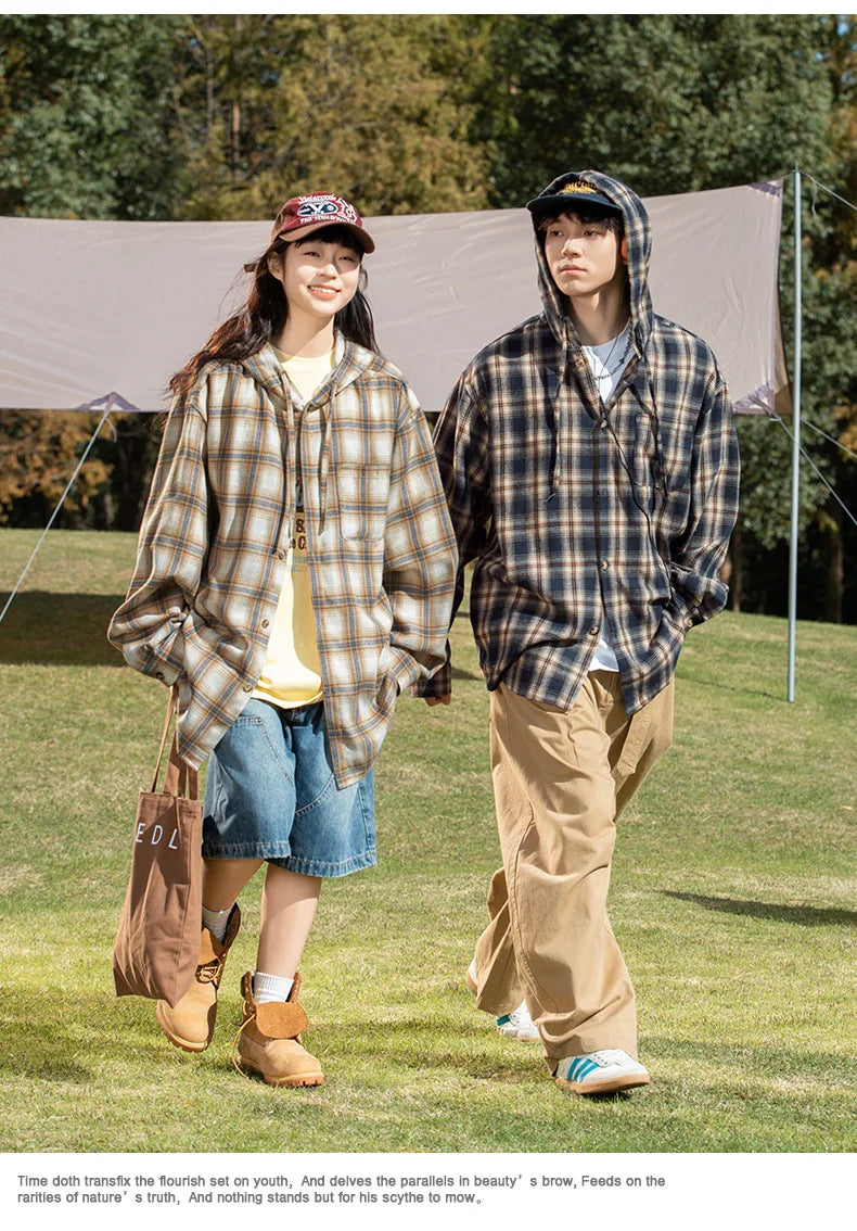 TFETTERS Brand Hooded Shirts Mens Plaid Spring Summer 2025 New Vintage Shirts Male Long Sleeve Fashion Streetwear Mans Coat