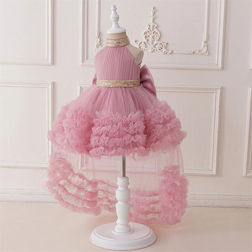 Trailing Big Bow Party Baby Girls Dresses Sequin Baptism Bridesmaid Costume Toddler Birthday Princess Dress Wedding Evening Gown