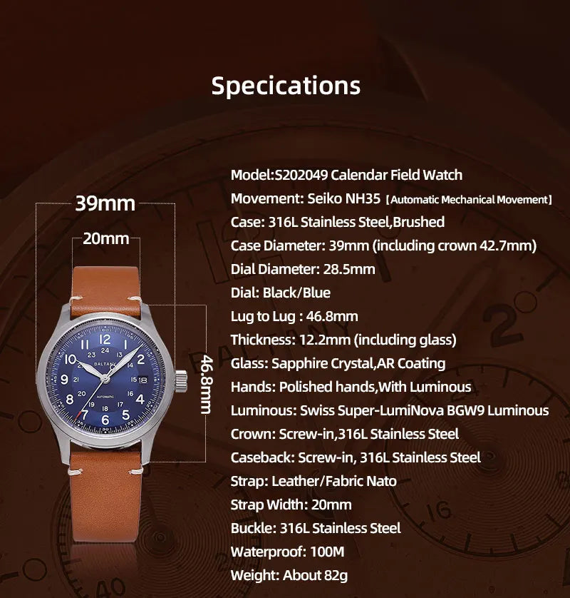 Baltany Military Field Watch S2049 Sapphire Calendar 24H Indicator Luxury Men's NH35 Auto Mechanical Homage Waterproof Watches