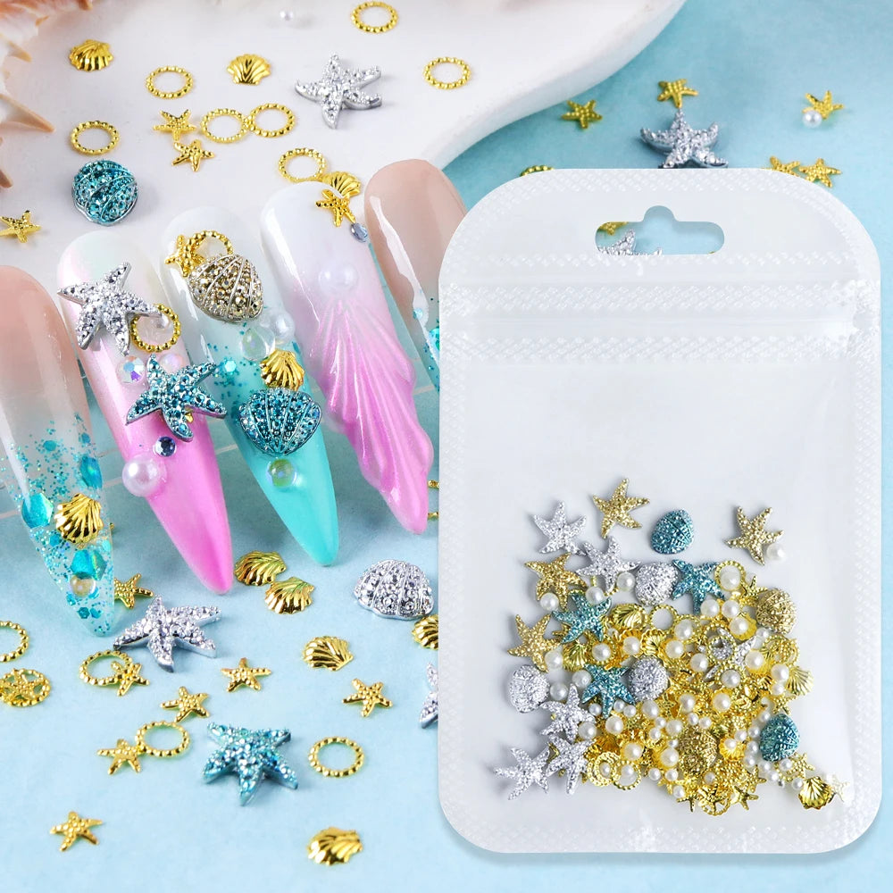 Ocean Style Seashell Starfish Nails Accessories Starfish Conch Metal Rivets Nail Charms Summer DIY Nail Art Supplies Decorations