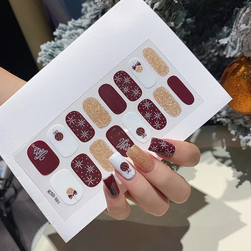 1pc DIY Baking-free Nail Stickers Long-Lasting Solid Color Fresh Flowers Christmas Autumn Nail Strips Patch Full Cover Decal