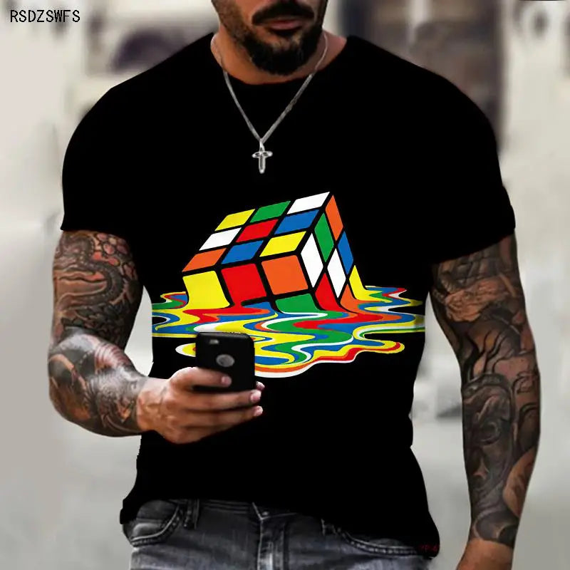 Men's Shirt Exclusive Design Melting Rubik's Cube 3D Printing Printing Trendy Brand Shirt Round Neck T-shirt Oversize 5XL