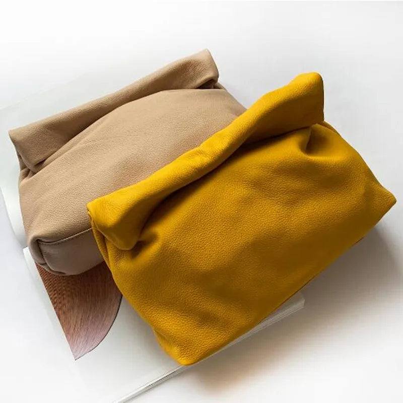 Personality roll-edge leather bag  lazy casual leather soft bag  Phone Women High Quality holding red large bag luxury designer