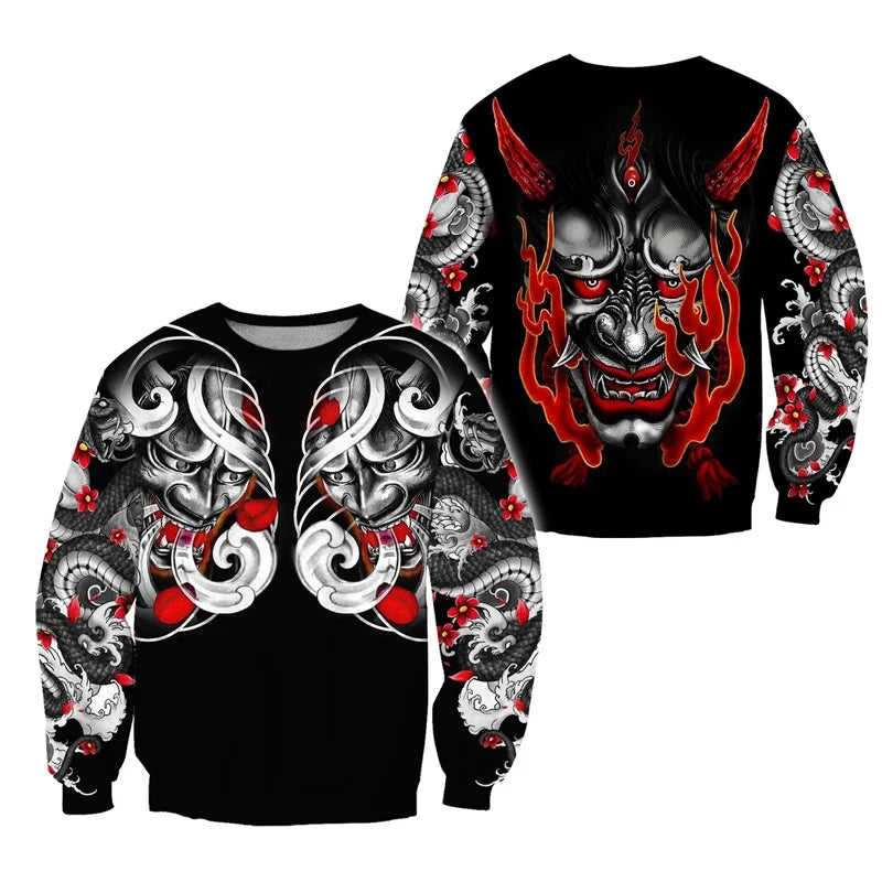 Cool Ghost Mask 3D Printed Hoodies For Men Flower Snake Pattern Long Sleeved Sweatshirt Autumn Oversized Round Neck Pullovers