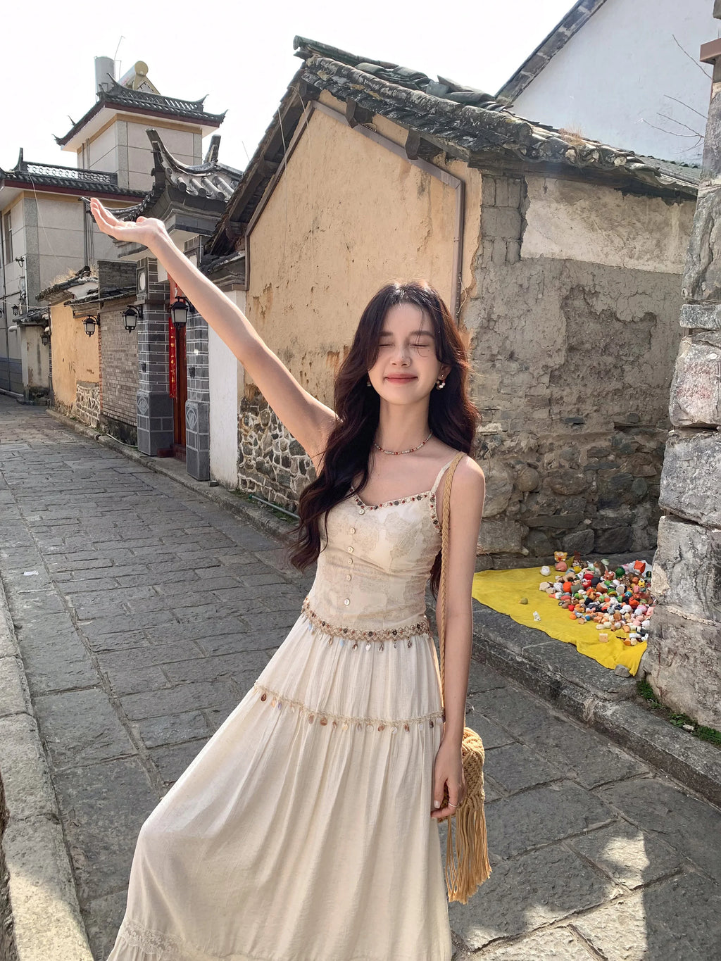 White Lace Three-Piece Set Spring Summer Slim Fit V-Neck Lace Cami Top High-Waisted A-Line Maxi Skirt Chic Red Fashion Shirt