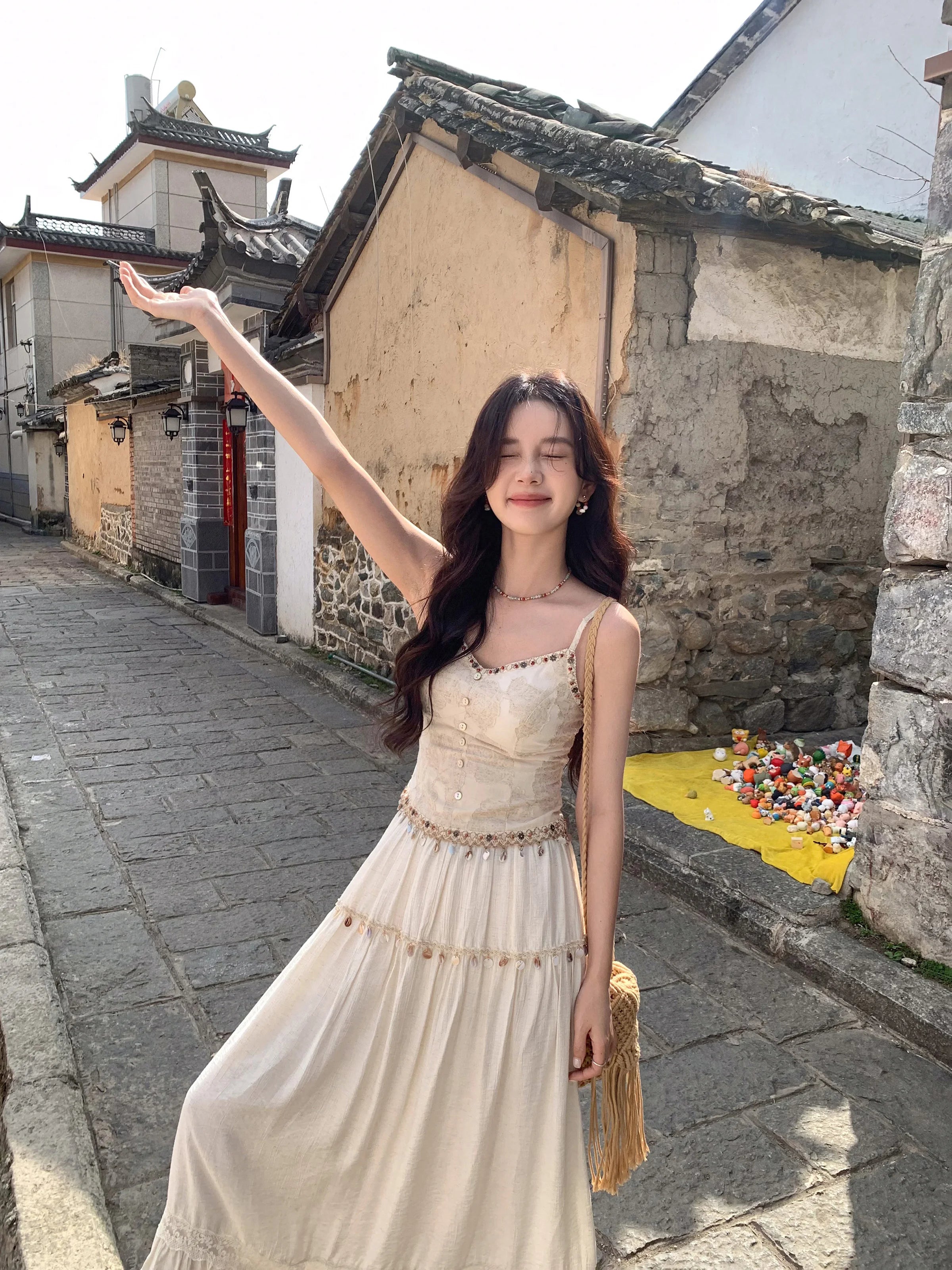 White Lace Three-Piece Set Spring Summer Slim Fit V-Neck Lace Cami Top High-Waisted A-Line Maxi Skirt Chic Red Fashion Shirt