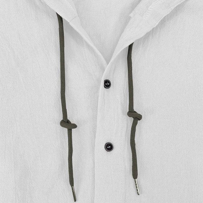 Men's solid color casual shirt, hooded drawstring cotton and linen cardigan, trendy and versatile loose beach T-shirt