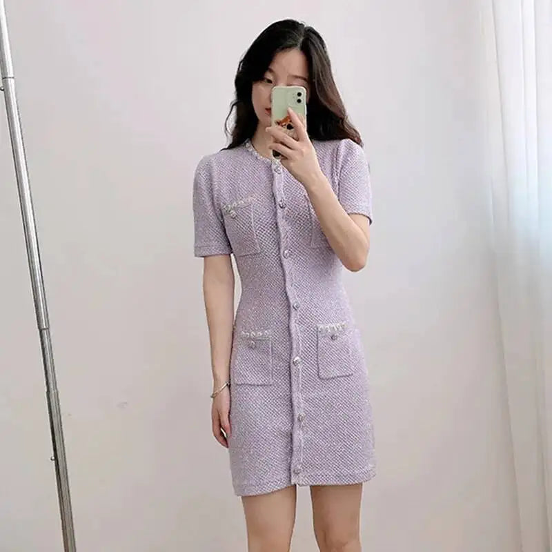 Luxury Crystal Knitted Dresses Women's 2026 Summer Holiday Single Breasted Pearl Sequins Flower Pencil Evening Party Vestidos