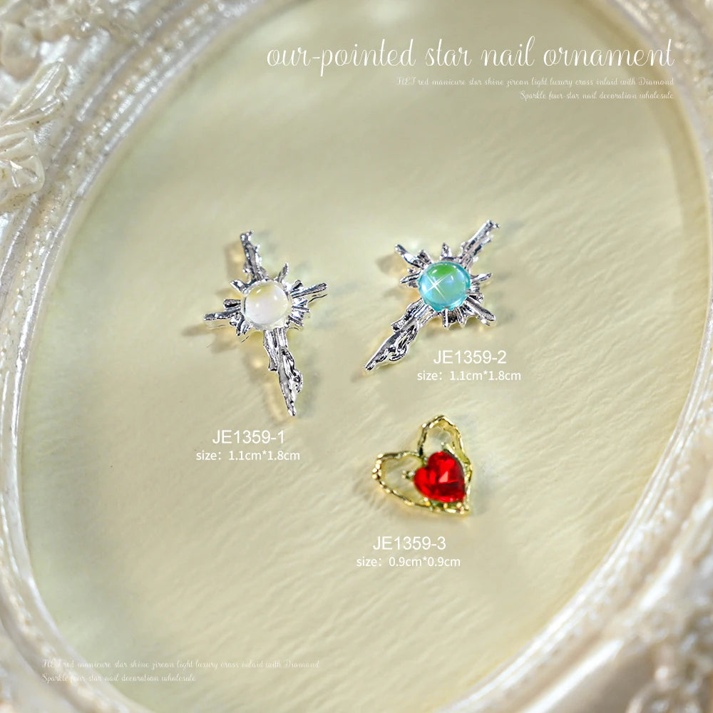 3D Red Diamond Hearts Nail Aolly Charms 10pcs Gold Hollow Crystals Rhinestones 10mm Nails Heart Gems Valentines Day Jewelries *&