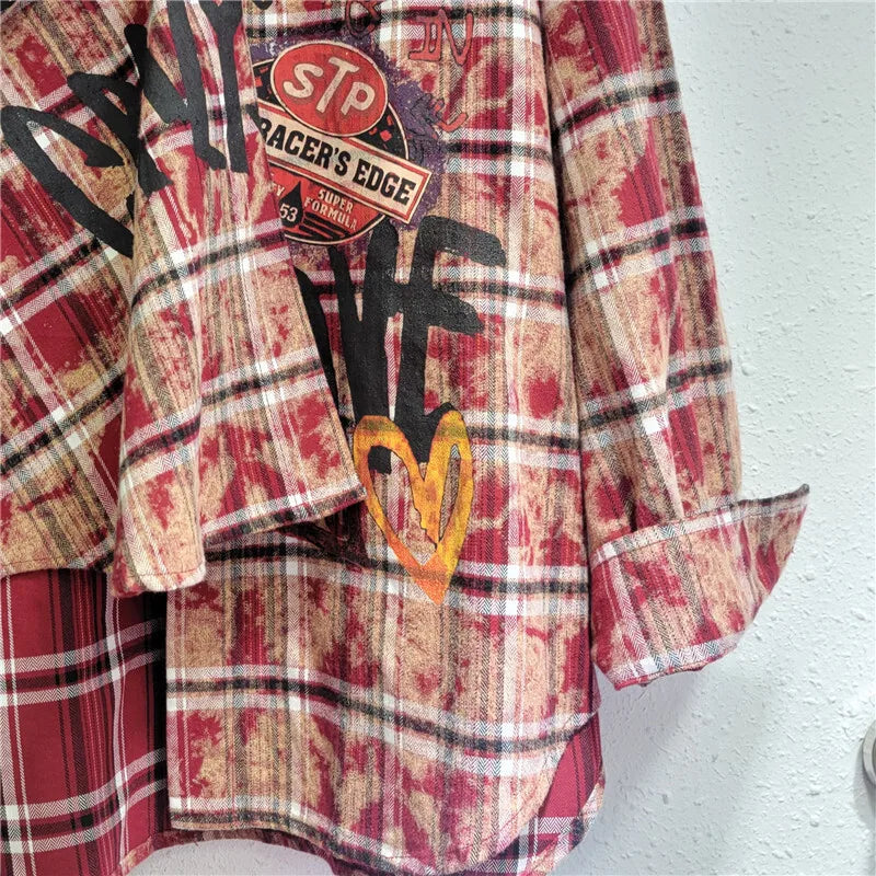 WTHT New Fashion Women's Cartoon Print Plaid Shirts 2024 Winter Trendy Single Breasted Long Sleeves Blouse Female 1LS419
