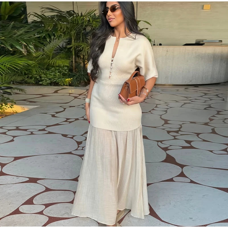 Elegant Women Patchwork Long Dress Short Sleeve O Neck Button A-Line Dresses Spring Summer Vintage Beach Vacation Casual Robes
