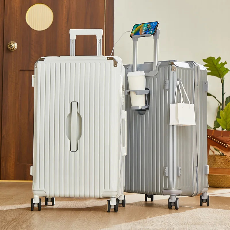 Large Capacity 20-26 Inch Rolling Luggage with Cup Holder Travel Bag Convenien Mobile Phone Stand Simple Travel Rolling Suitcase
