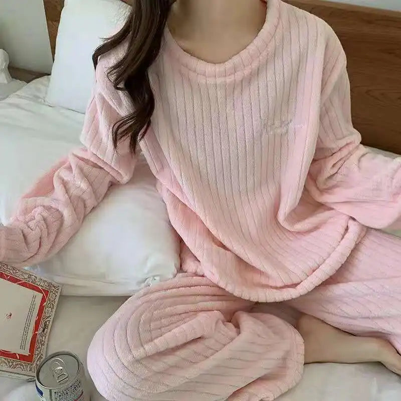 Autumn/Winter New Arrivals: Women's Warm Set Coral Fleece Pyjamas Thickened Thermal Striped Loungewear Set for Young Women