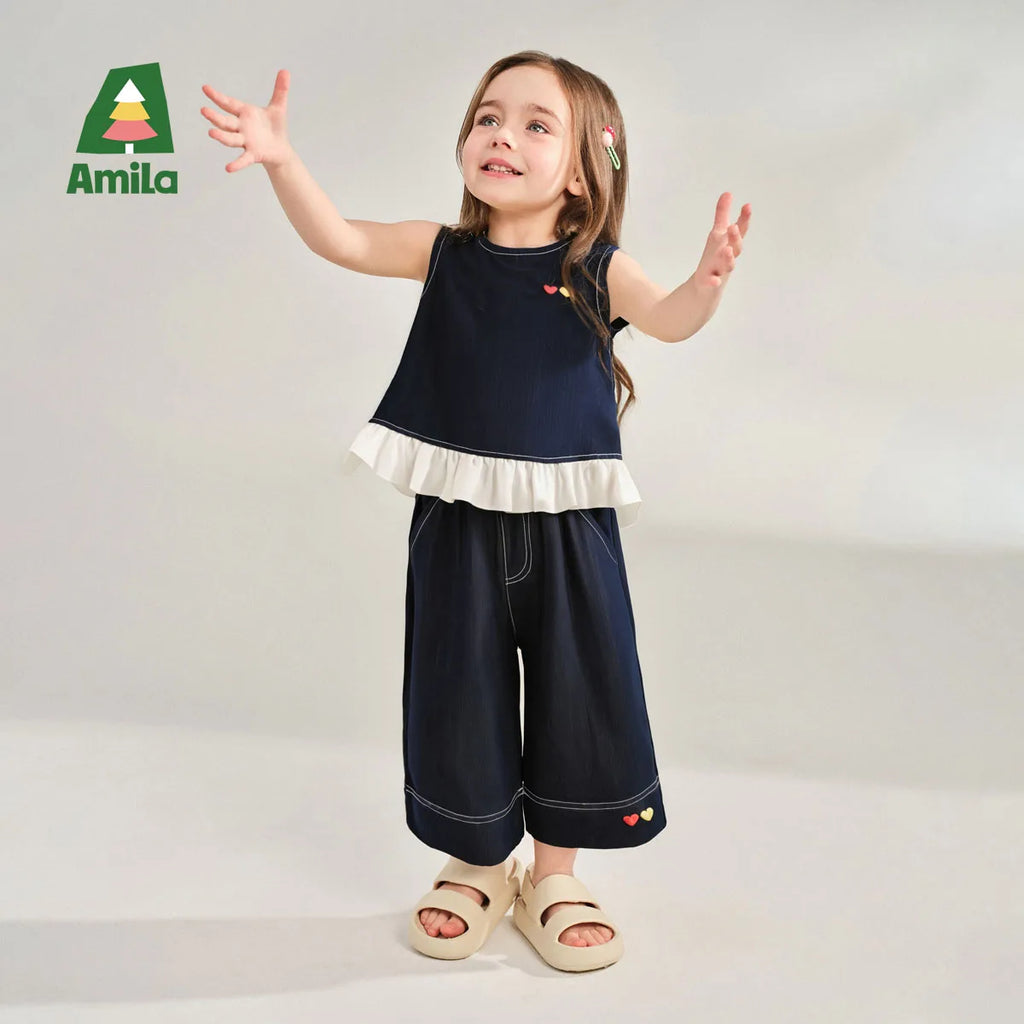 Amila 2026 Girls Summer Set Navy Blue Top Wide Pants 2025 Fashion Heart Embroidery Ruffle Casual Trendy Kids Outfit Sleeveless