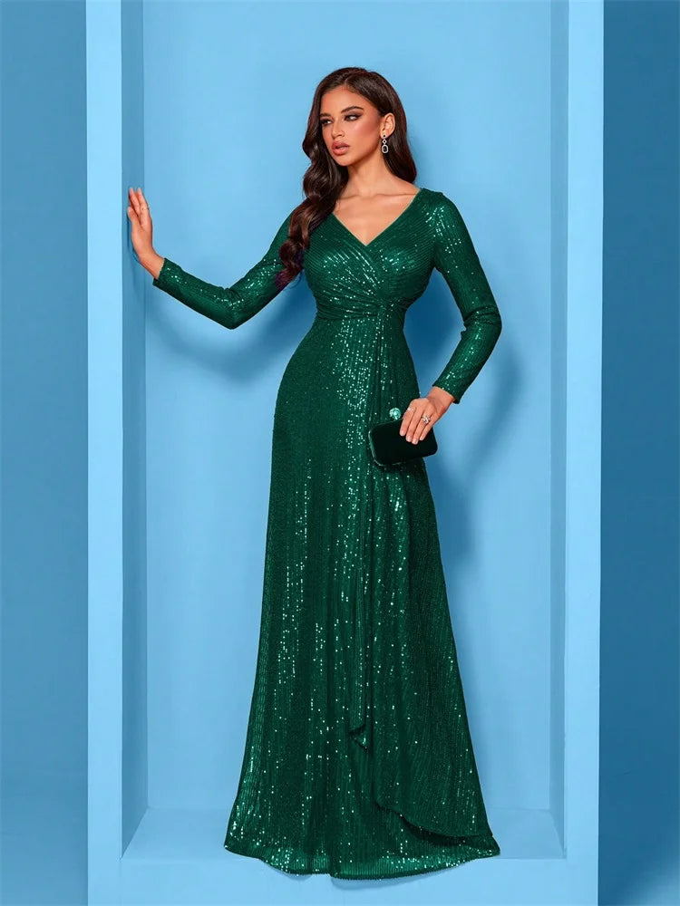 Plus Size Luxury V-Neck Long Sleeves Sequins Evening Dresses Women Elegant Wedding Party Maxi Cocktail Graduation Gowns