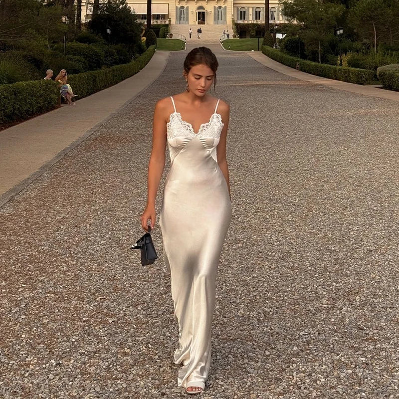 Chic Lace Patchwork Sling Maxi Dress Women Sexy V-neck Sleeveless Backless Satin Slim Long Gown Lady Evening Party Dresses 2026