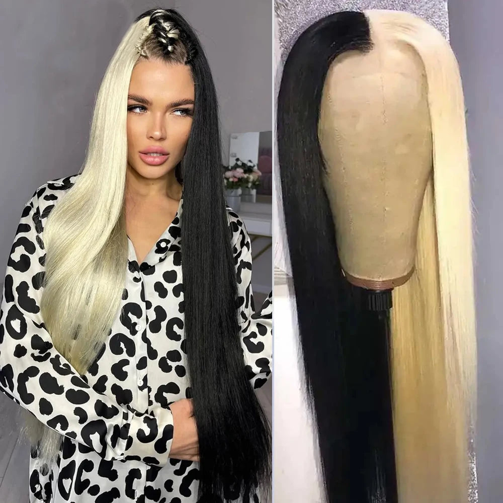 613 Blonde Straight Lace Front Human Hair Wigs Oreo Colored Wig Straight Half Blonde and Half Black Human Hair  Wigs For Women