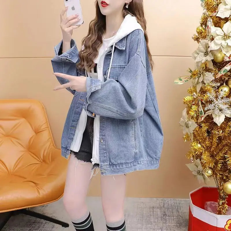 Women's Denim ort Jaet Spring Autumn New Sle Retro Hooded Loose Casual High Street Top Faion Versatile Loose Fit Jean...