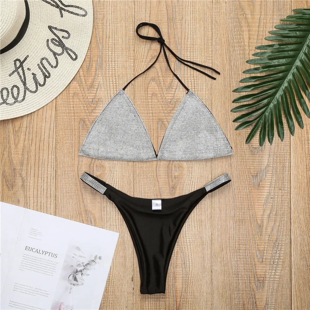 Bikini 2026 Sexy Diamond Rhinestones Solid Swimwear Swimsuit Women Triangle Halter Bikinis Set Bathing Suit Beach Bikini Female