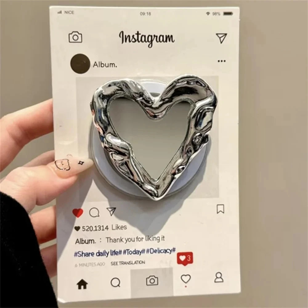 Pleated Silver Love Heart Mirror Magnetic Holder Griptok Phone Stand Holder Support For IPhone 17 16 For Pad Magsafe Smart Tok