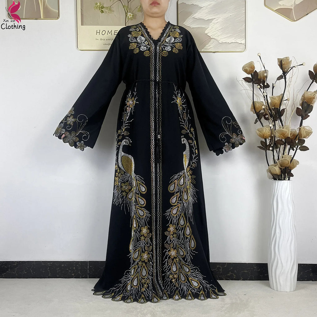 2026New Dubai Muslim Women Modest Dress Diamond Chiffon Elegant Arabic Femme Hijab African Abaya Islamic Long Sleeve Turkey Robe