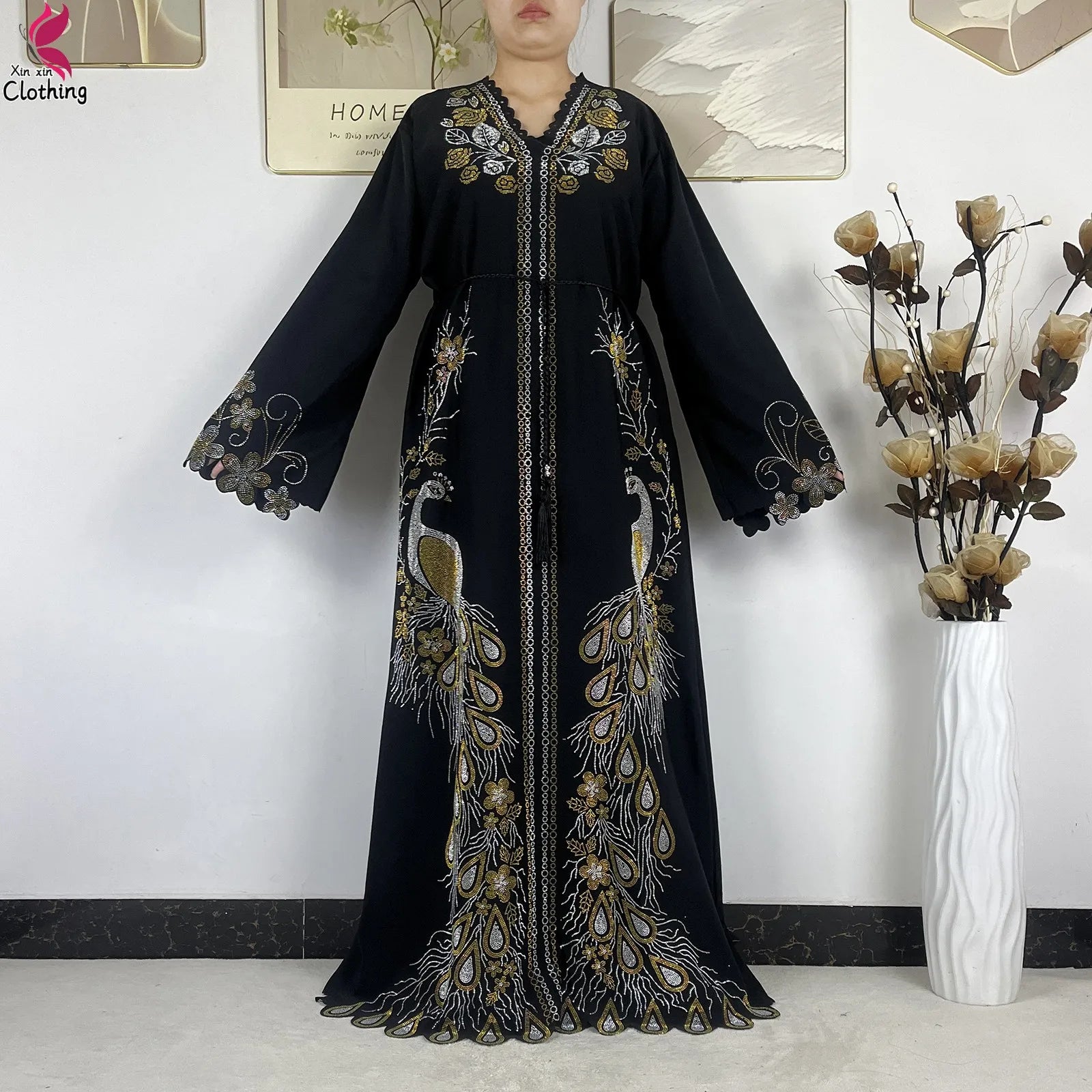 2026New Dubai Muslim Women Modest Dress Diamond Chiffon Elegant Arabic Femme Hijab African Abaya Islamic Long Sleeve Turkey Robe