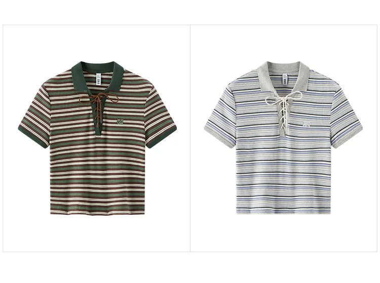 Semir Polo Shirt Women Cropped Slim Fit Tie Detail 2025 New Summer Cool Feeling Striped Top Retro for Trendy and Casual Looks